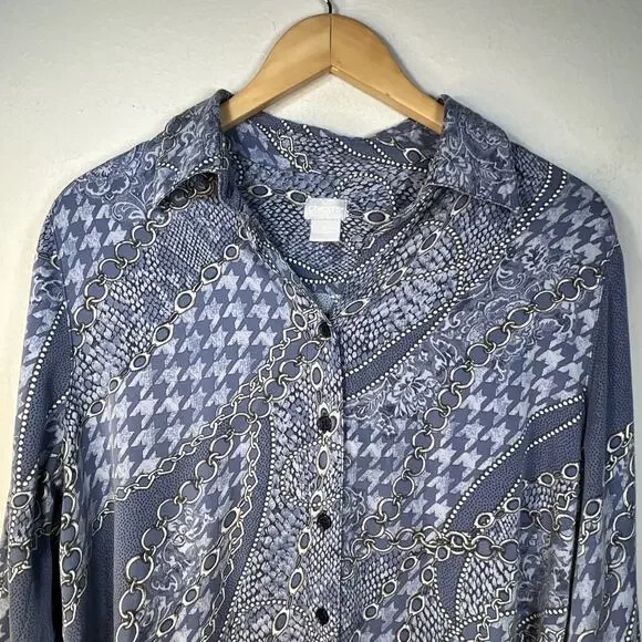 Chico's 2 chicos large Sandwashed Satin Mixed Print Button Up Long Sleeve silky - Picture 4 of 11